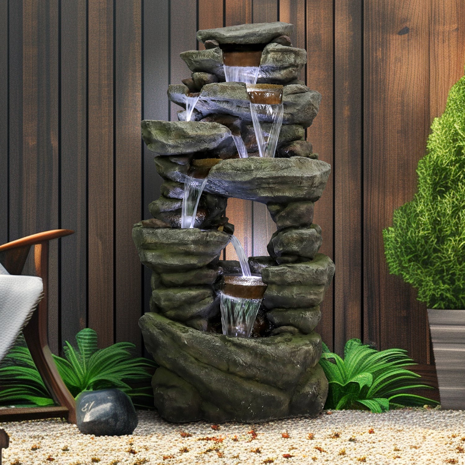 Resin Rock Waterfall Fountain Large 60 Inch 7 Tier LED lit at night