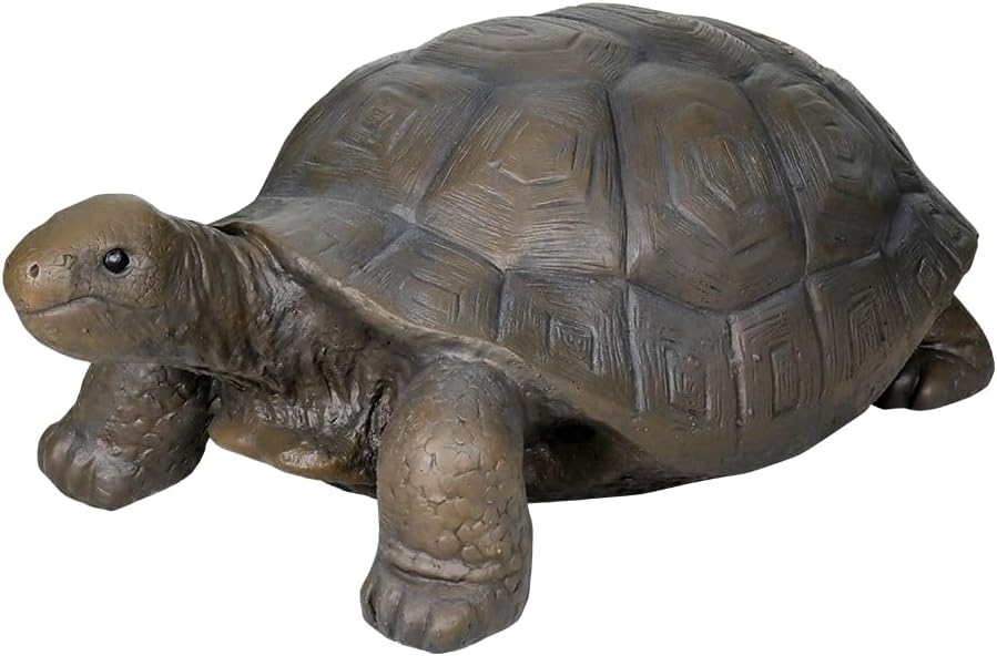 Detailed charcoal-dark gray concrete sea turtle statue on a seamless white background, facing left in full profile.