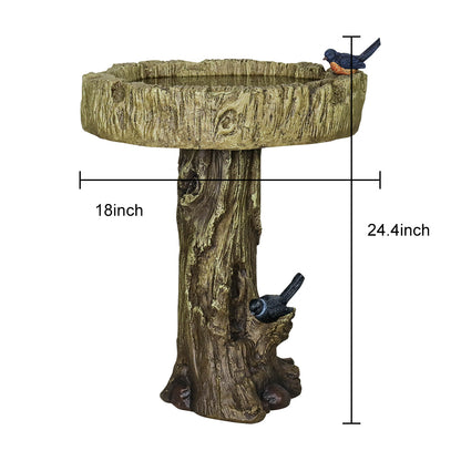 Detailed dimensions and size chart for the 28.4"H tree trunk birdbath.