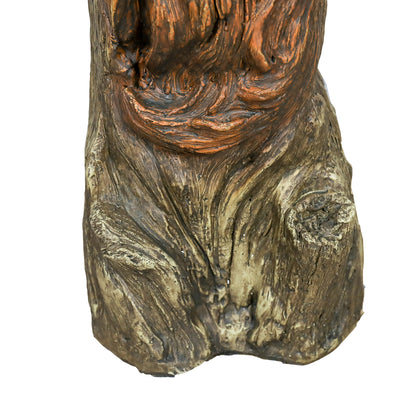Detailed macro shot of the realistic aged tree bark and wood grain texture on the concrete pedestal.