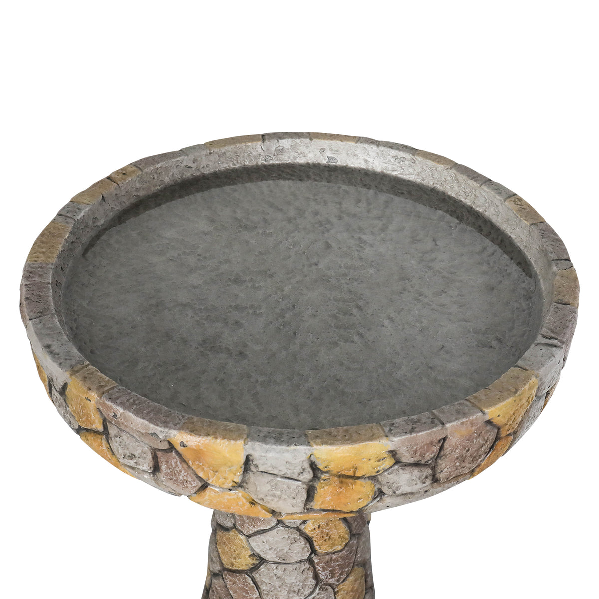 Detailed view of the 18.8" mosaic stone birdbath basin and water