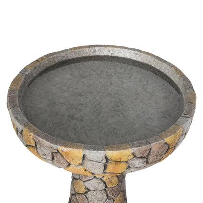 Detailed view of the 18.8" mosaic stone birdbath basin and water