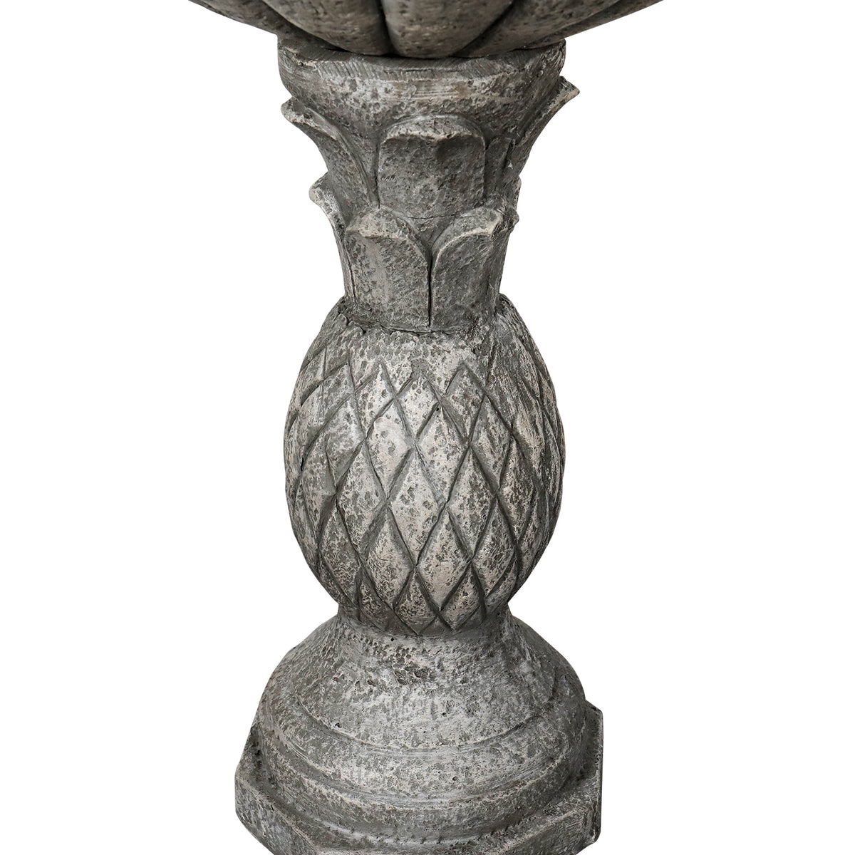 Detailed view of the intricate vintage pineapple texture on the weather-resistant concrete pedestal.