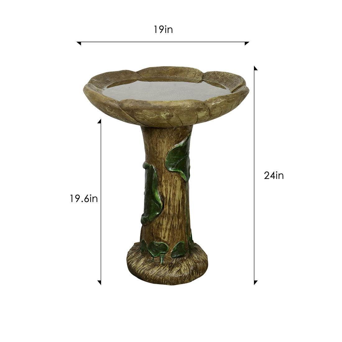 Dimension chart showing a 24-inch height and 19-inch basin width for the concrete tree trunk bird bath