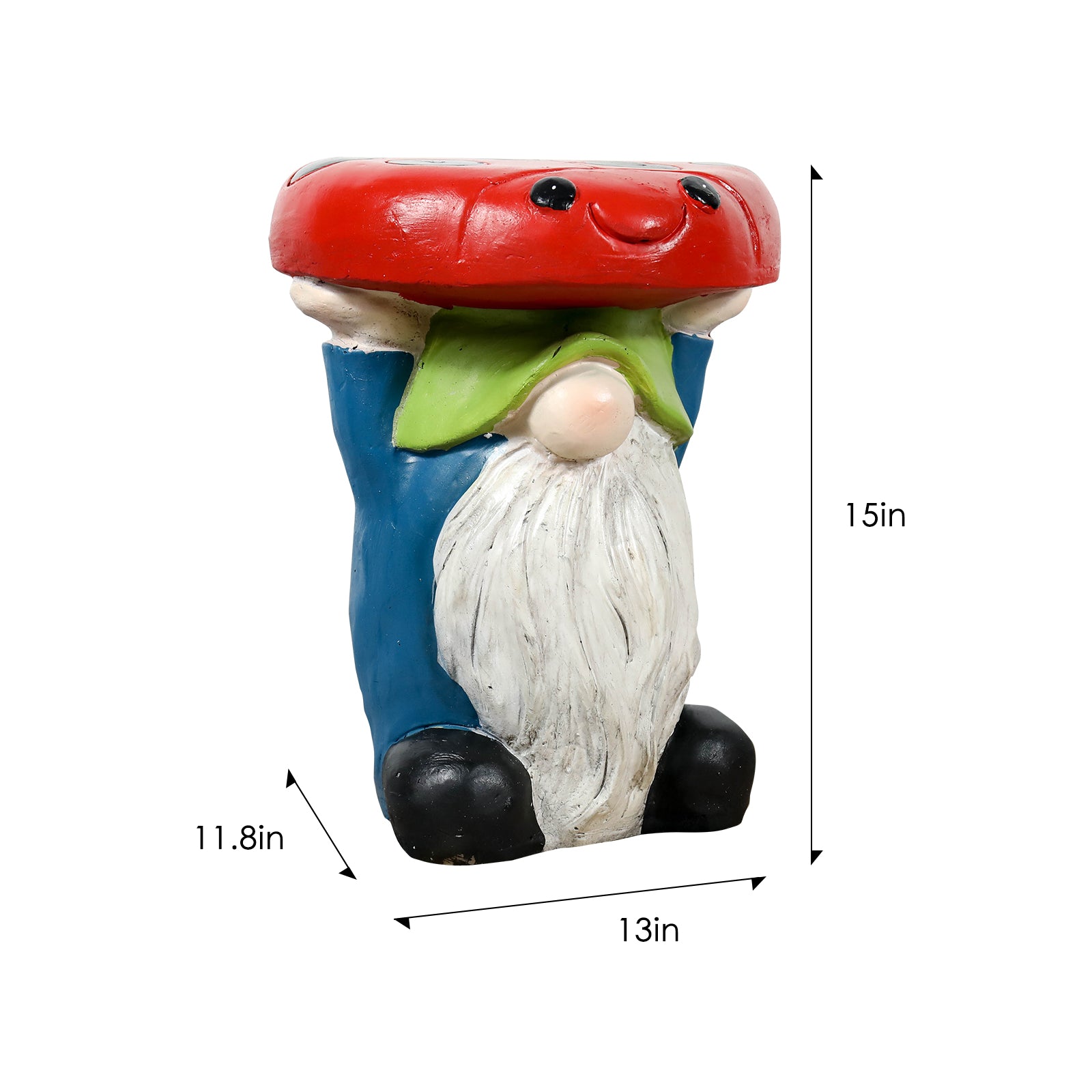 Dimension chart for the heavy-duty 7.264kg gnome side table and seating stool.