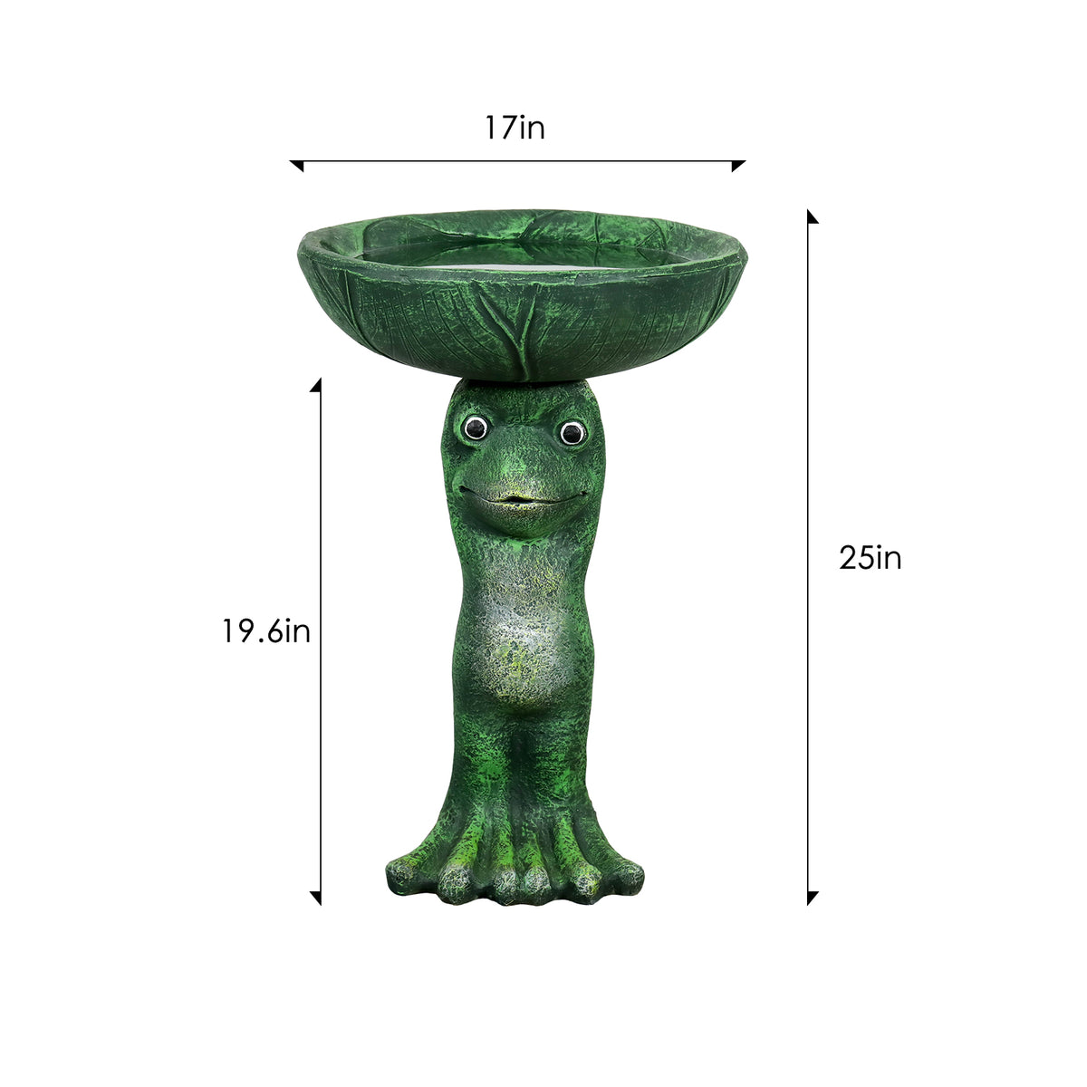 Frog bird bath dimension chart showing 25-inch height and 17-inch basin width