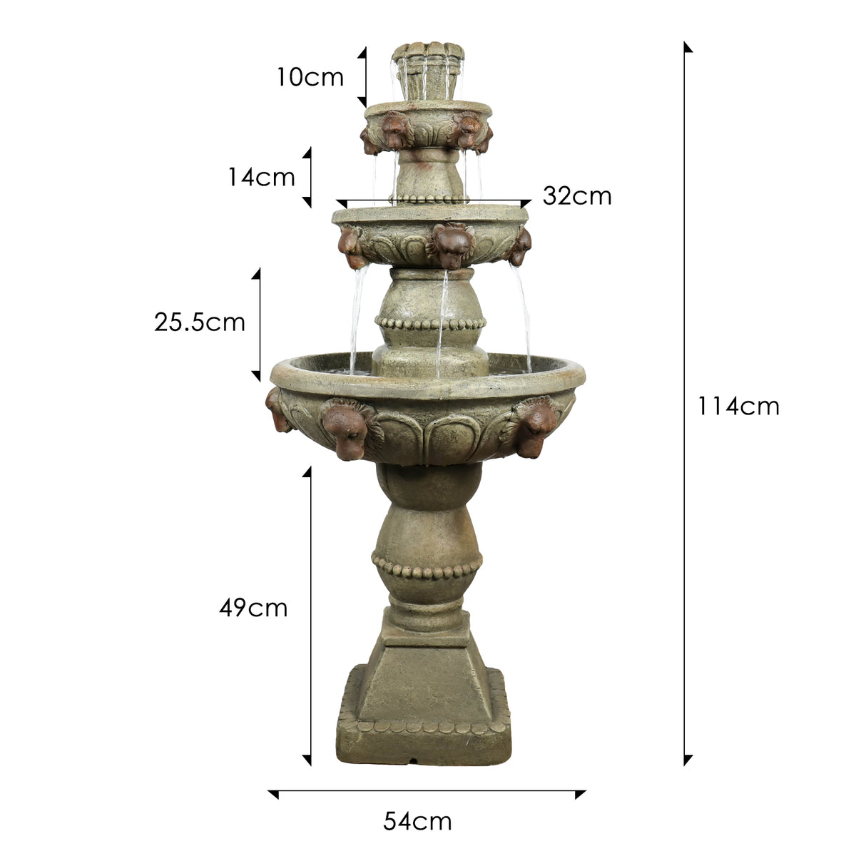 Concrete Lion Head Fountain 3 Tier Outdoor on patio