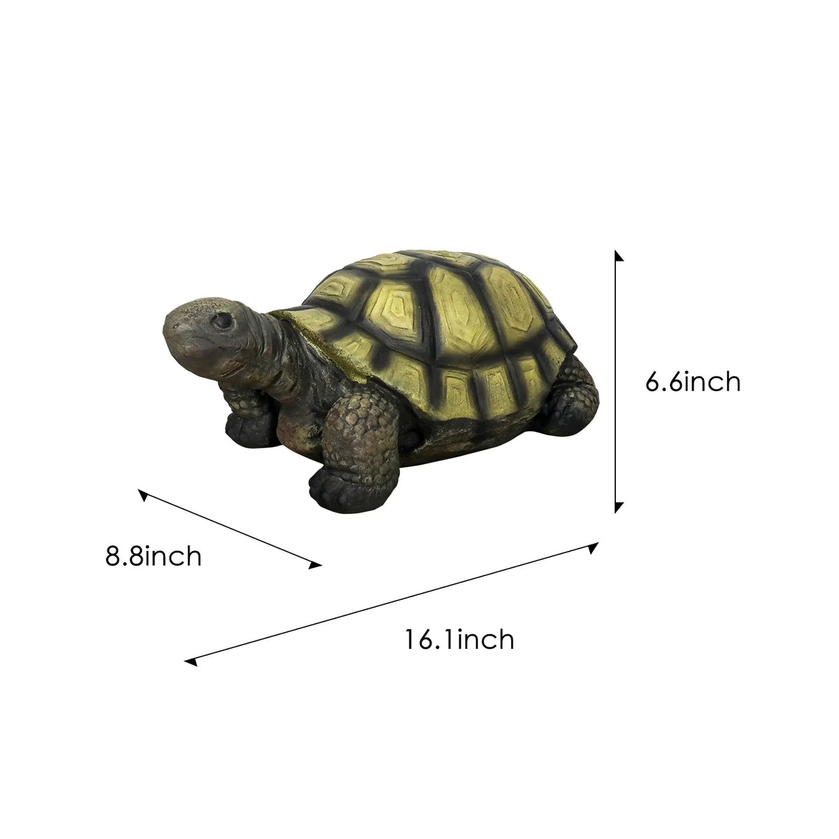 Dimension guide for the turtle statue: 16.1" Length, 8.8" Width, and 6.6" Height.