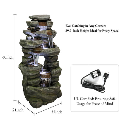 Resin Rock Waterfall Fountain Large 60 Inch 7 Tier close up of water flow