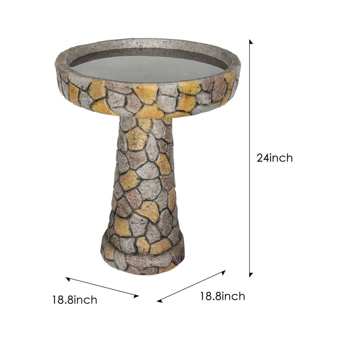 Dimensions and size chart for the 18.8" wide mosaic stone birdbath
