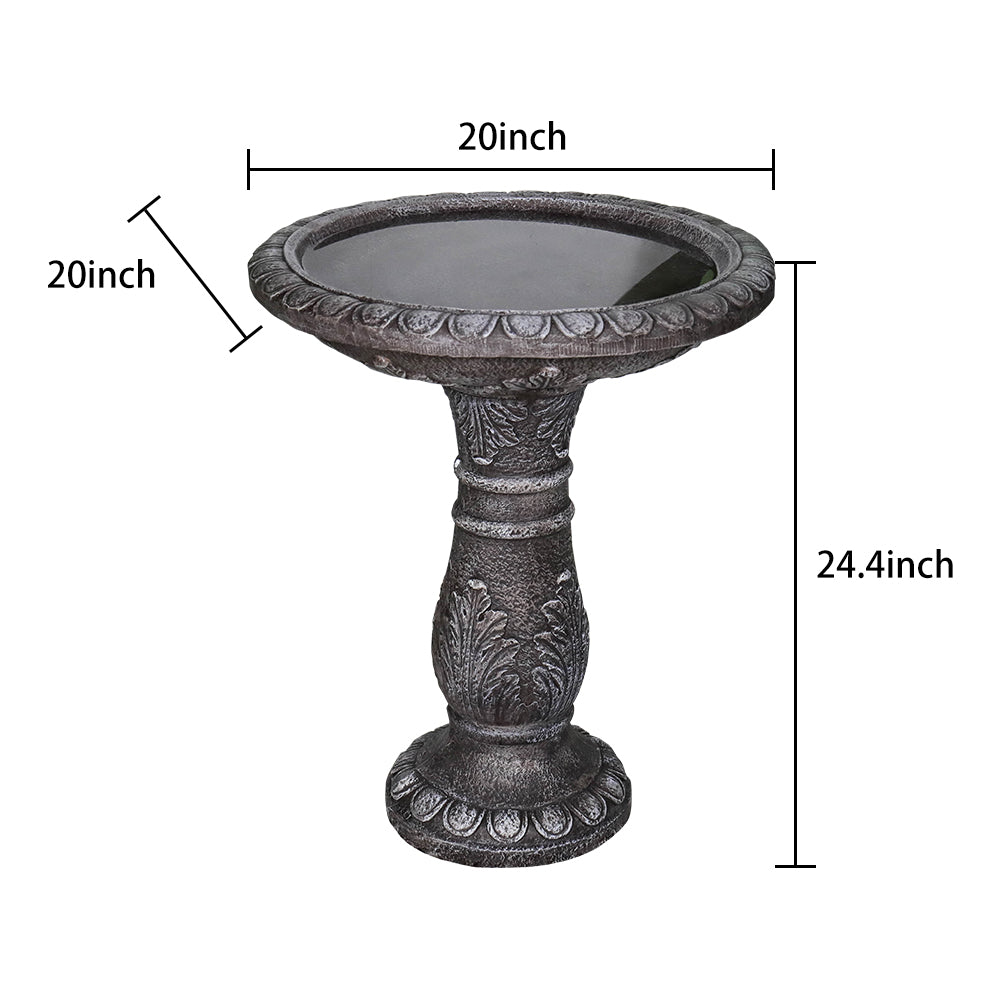 Dimensions and size chart for the 20" wide pedestal birdbath