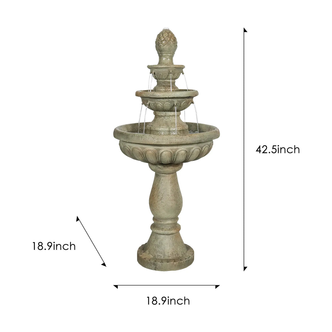 Concrete 3 Tier Fountain Classical Pineapple Finial dimensions and size