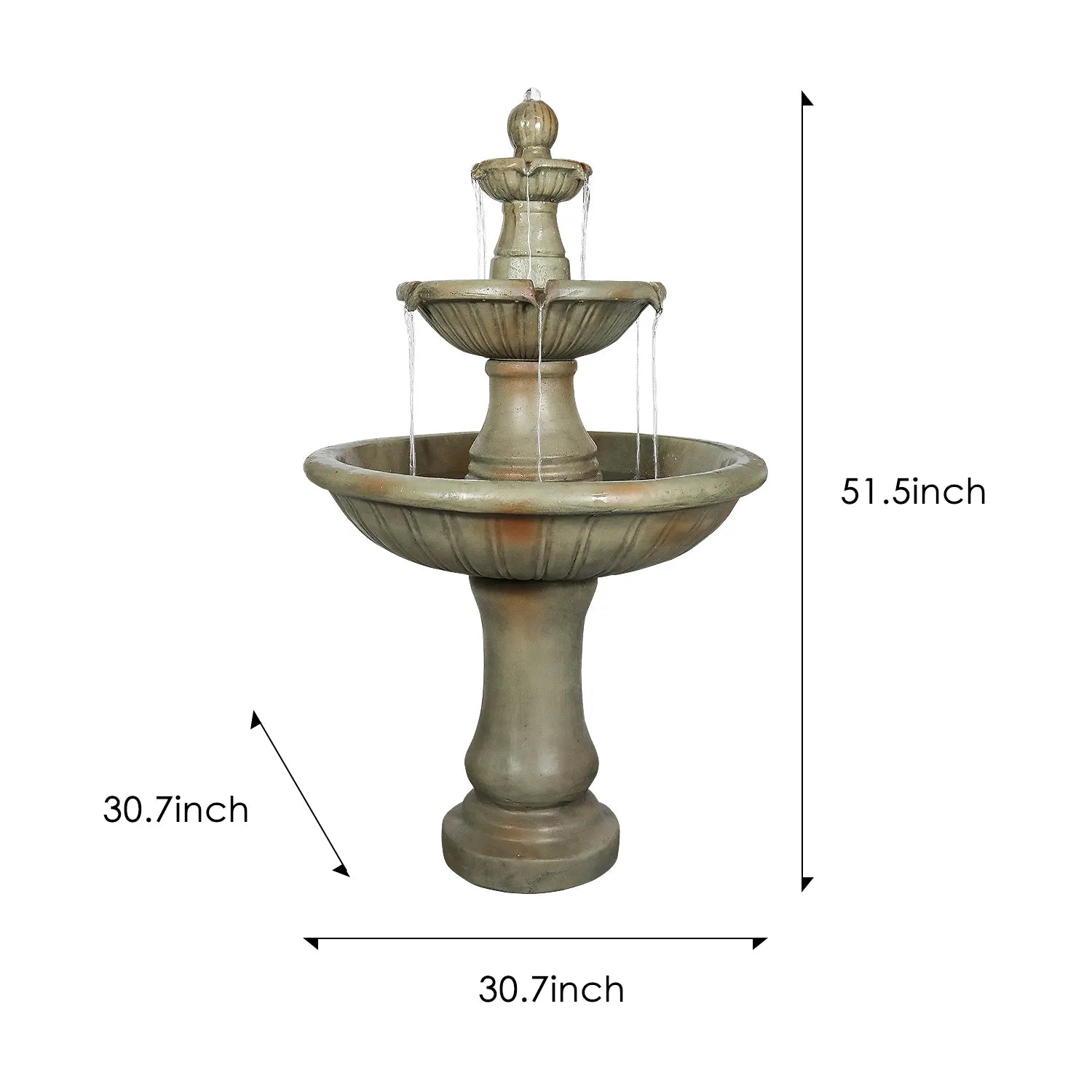 Concrete Fluted 3 Tier Outdoor Water Fountain 51 Inch dimensions and size