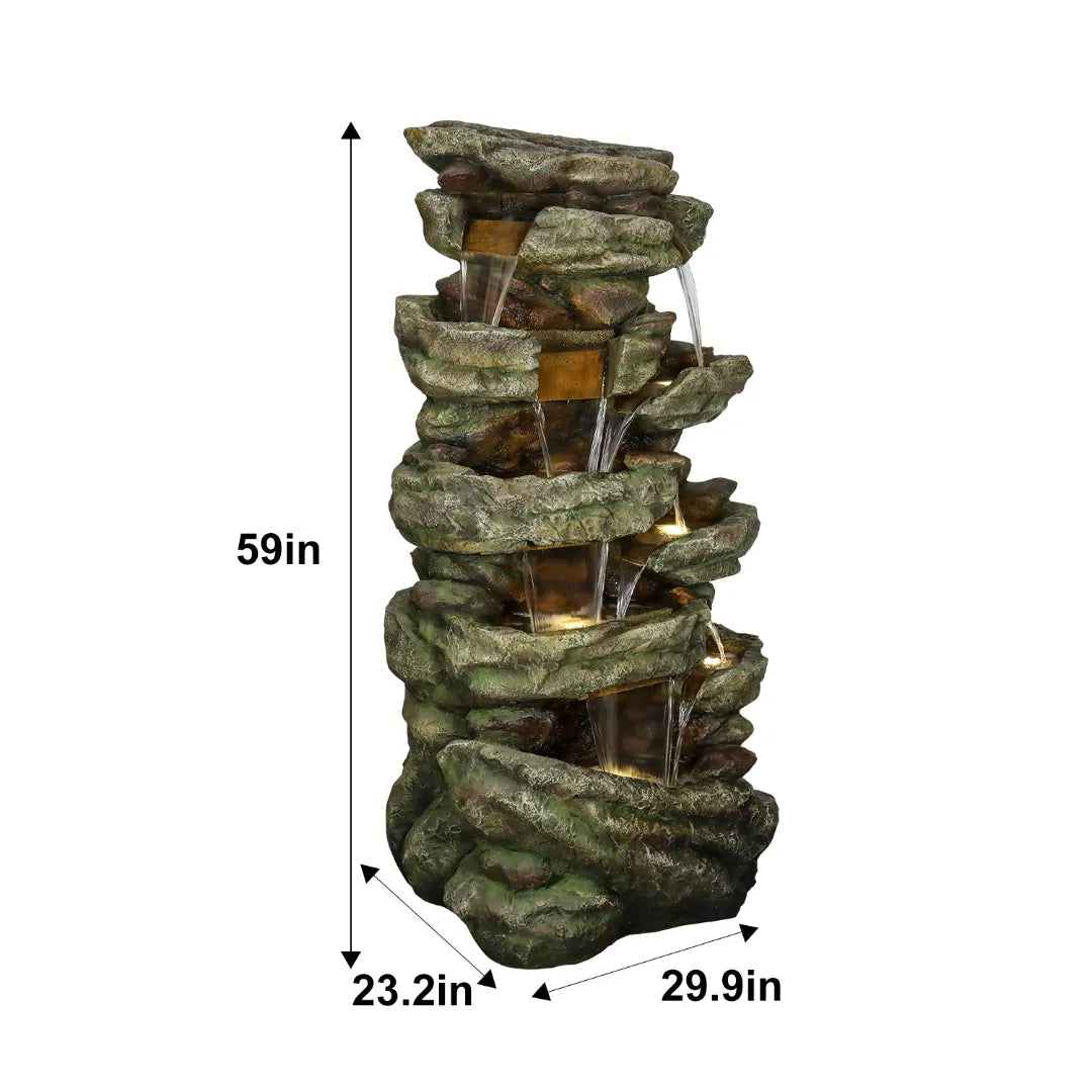 Resin Stacked Stone Rock Waterfall Outdoor Fountain on patio