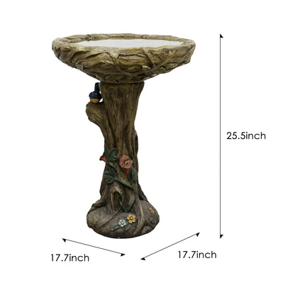 Dimensions showing the 17.7"Dx25.5"H size of the sturdy 14.5kg concrete garden bird bath.
