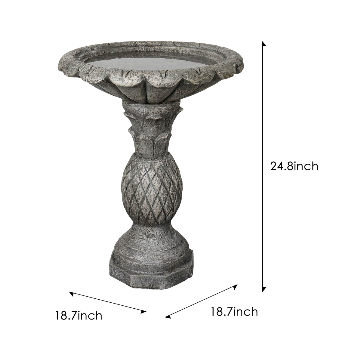 Dimensions showing the 18.7x24.8" size of the sturdy 16.5kg concrete freestanding outdoor birdbath.