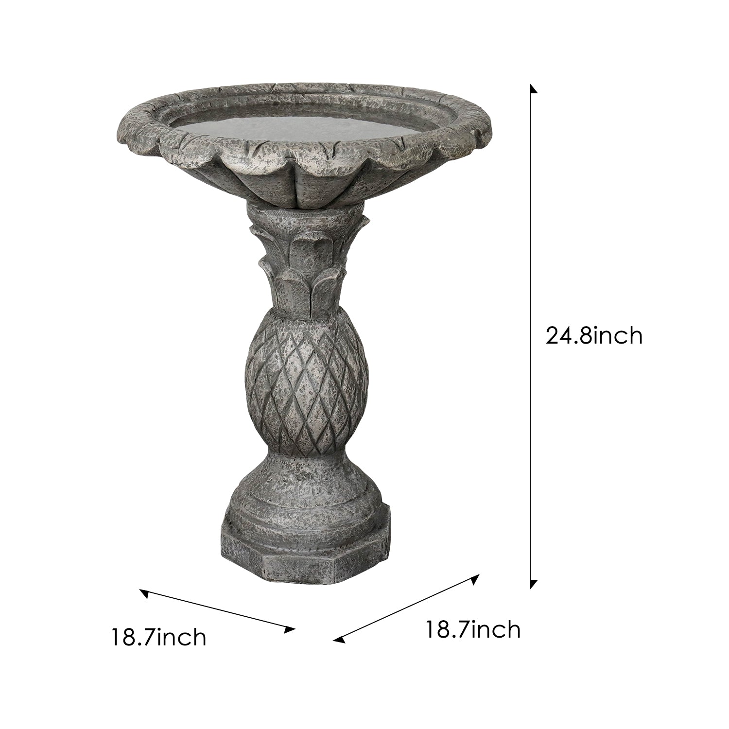 Dimensions showing the 18.7x24.8" size of the sturdy 16.5kg concrete freestanding outdoor birdbath.