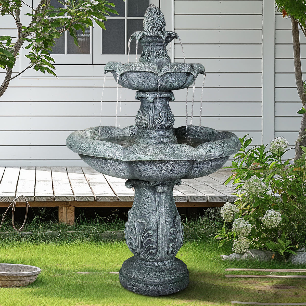 Concrete Pedestal Fountain Ornate 3 Tier Outdoor LED lit at night