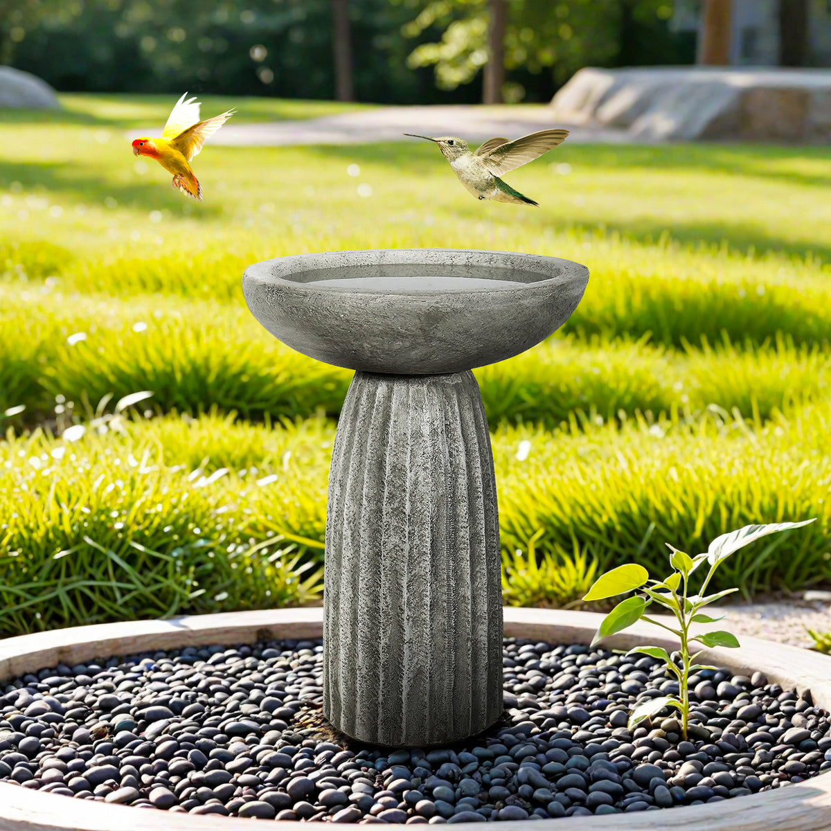 Fluted concrete bird bath on pebble bed in sunny lawn with two birds approaching basin