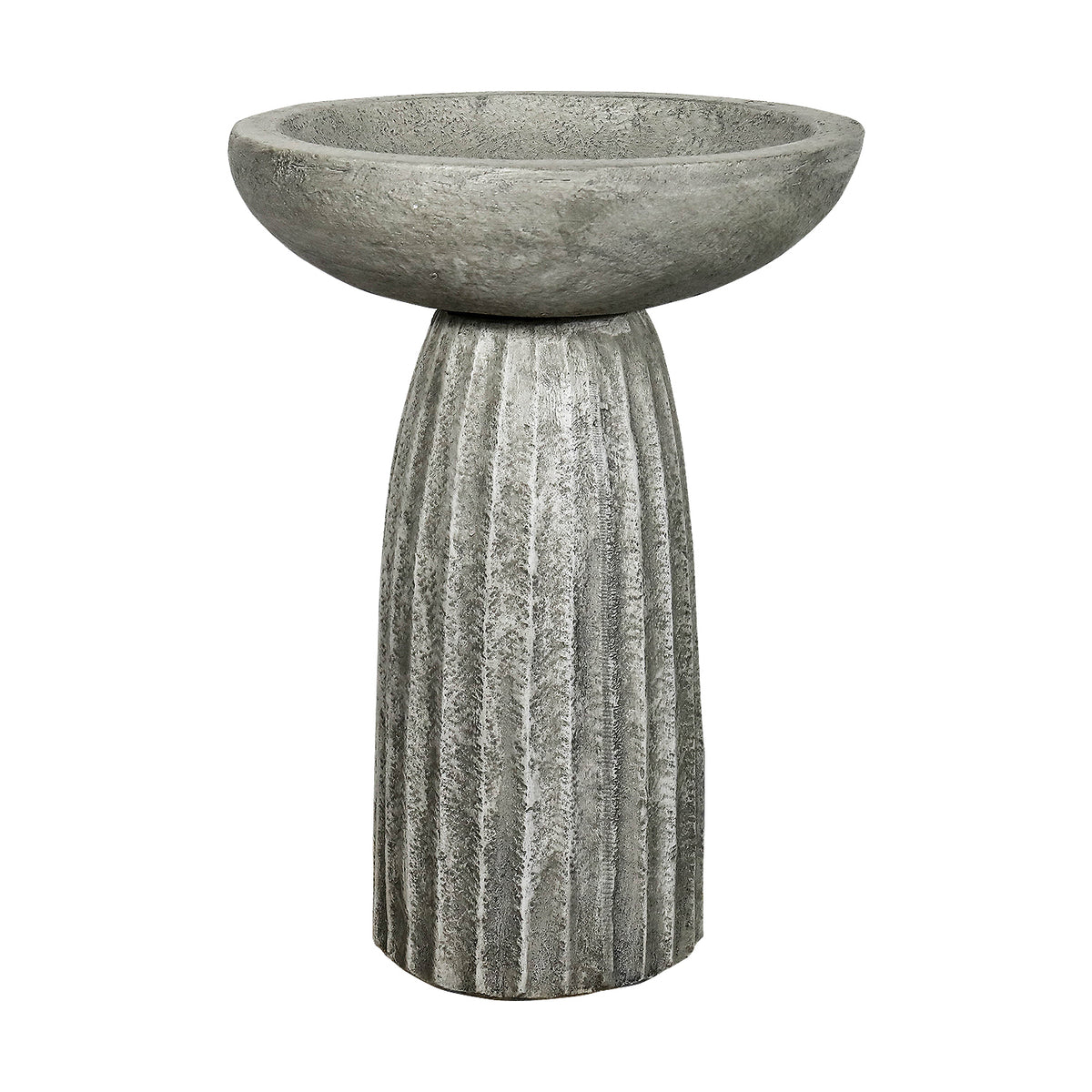 Fluted concrete bird bath on white background showing full pedestal and shallow basin