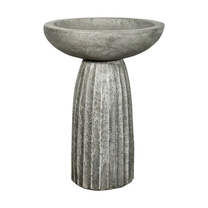 Fluted concrete bird bath on white background showing full pedestal and shallow basin