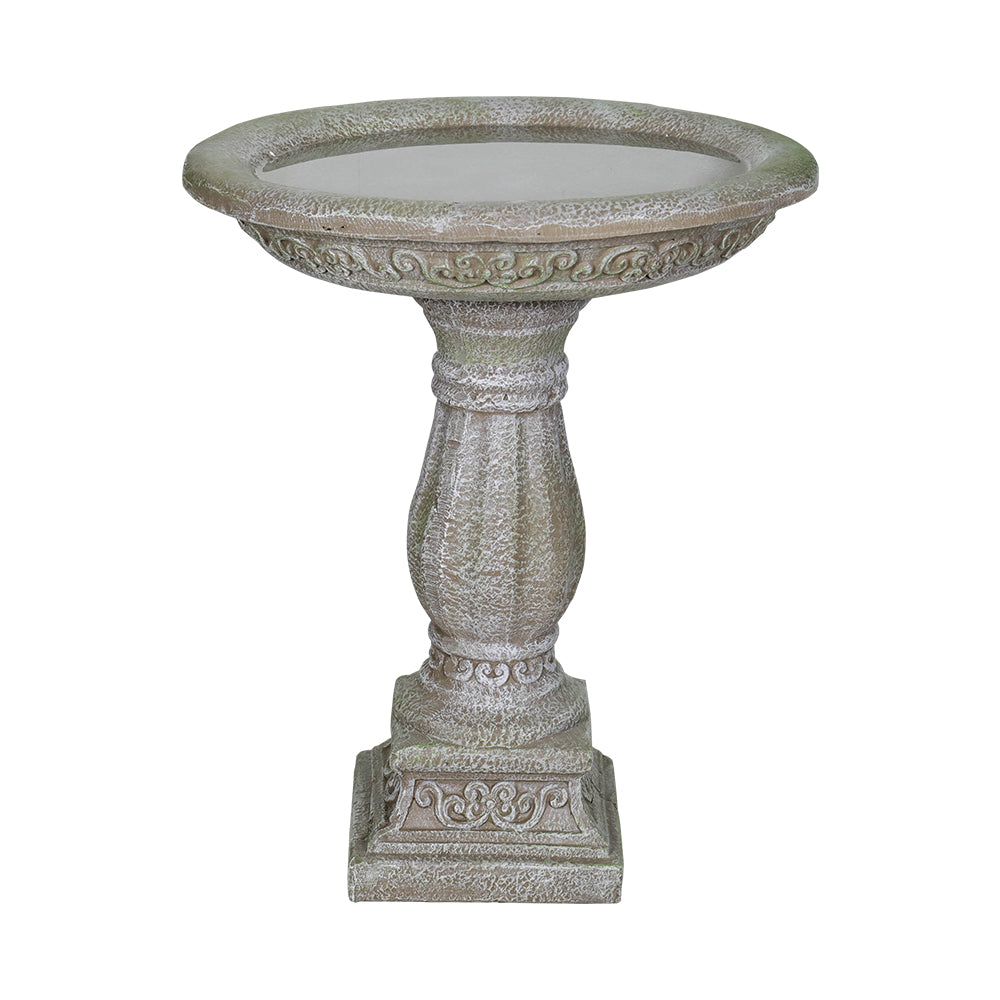 Front view of the 23" antique pedestal concrete birdbath on white