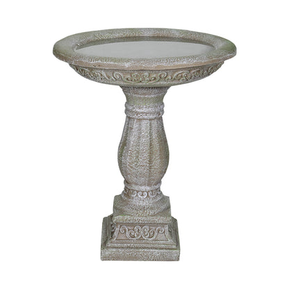 Front view of the 23" antique pedestal concrete birdbath on white