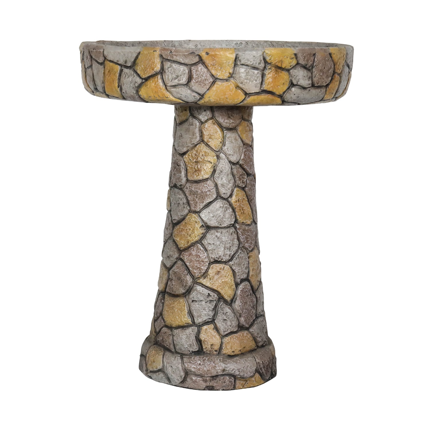 Front view of the 24" mosaic stone design concrete birdbath on white