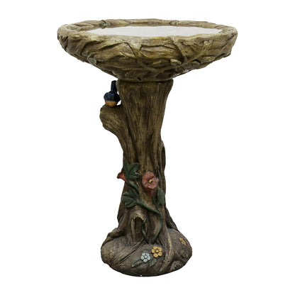 Front view of the 25.5"H concrete tree trunk shape garden birdbath with floral details on white.