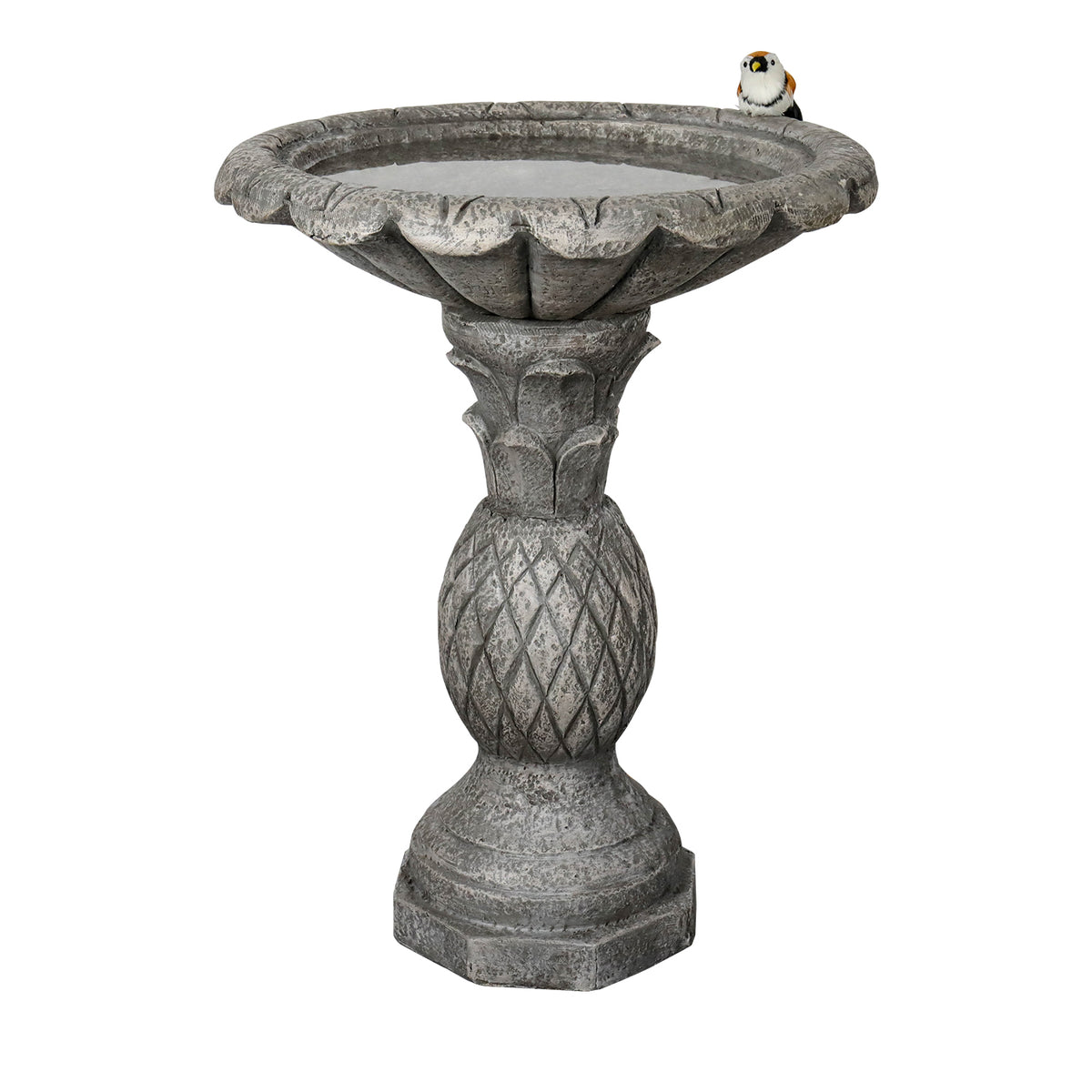 Front view of the elegant 24.8"H vintage concrete bird bath with pineapple texture on white.