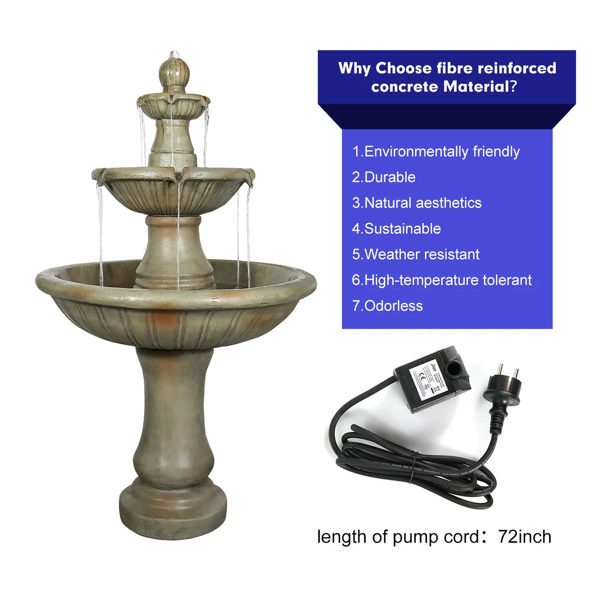 Concrete Fluted 3 Tier Outdoor Water Fountain 51 Inch LED lit at night