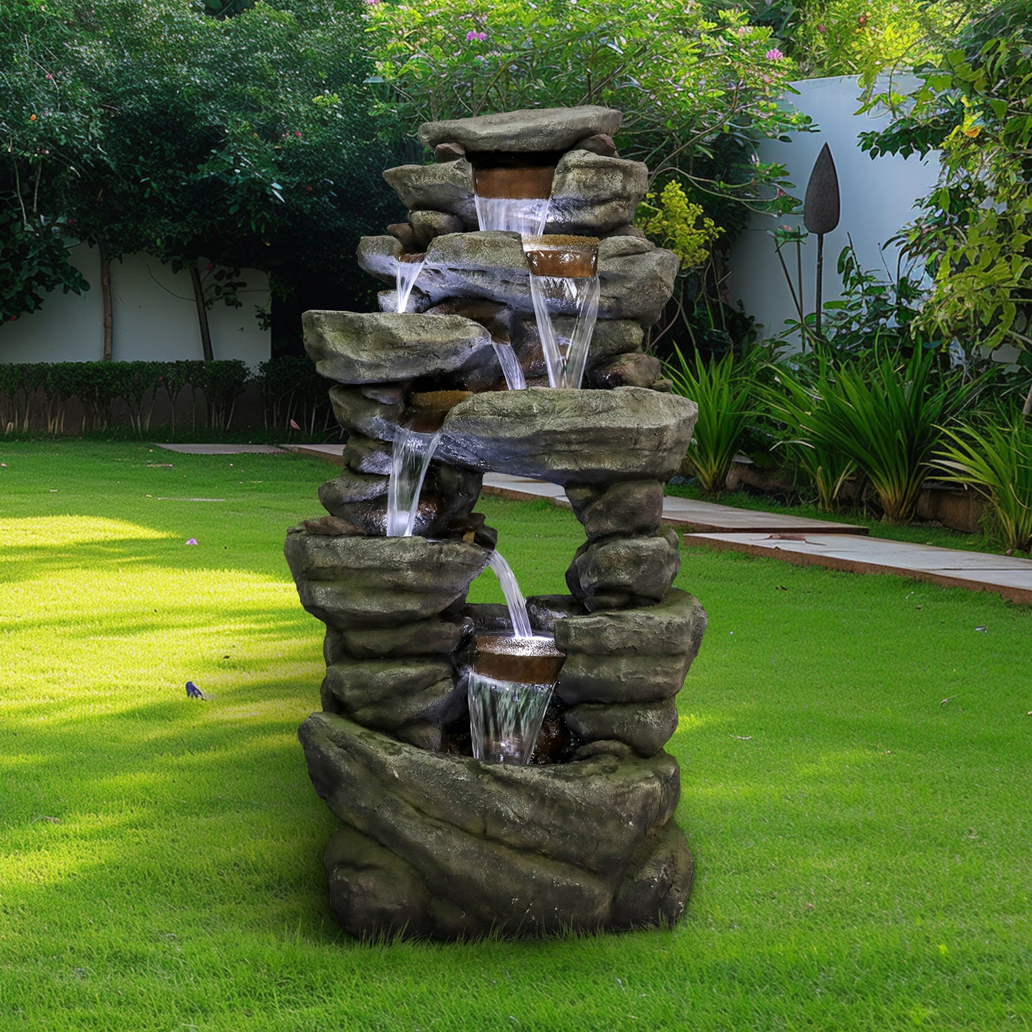 Resin Rock Waterfall Fountain Large 60 Inch 7 Tier in garden setting
