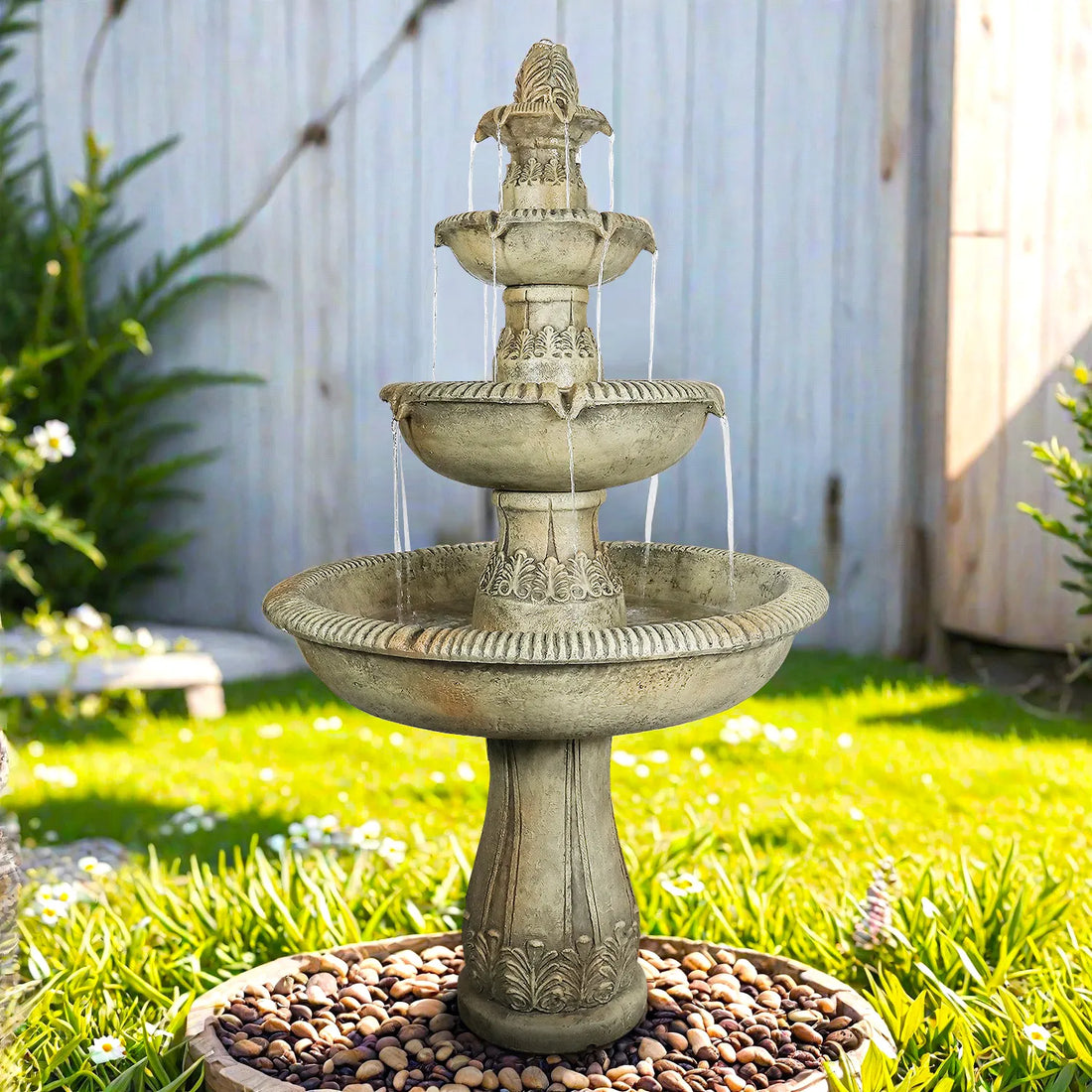 Concrete Heritage 3 Tier Outdoor Water Fountain 63 in. in garden setting