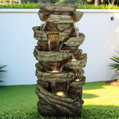 Resin Stacked Stone Rock Waterfall Outdoor Fountain LED lit at night