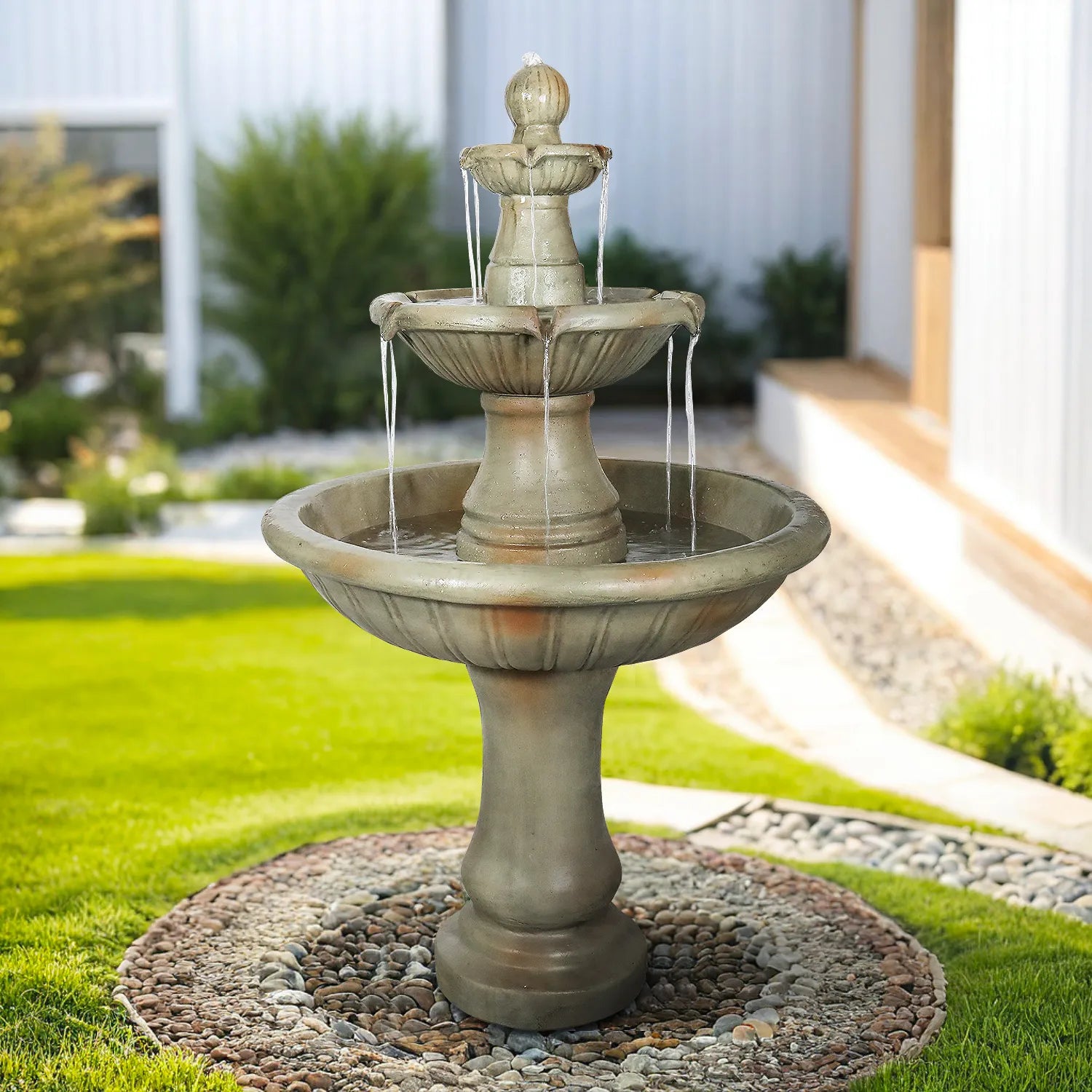 Concrete Fluted 3 Tier Outdoor Water Fountain 51 Inch in garden setting