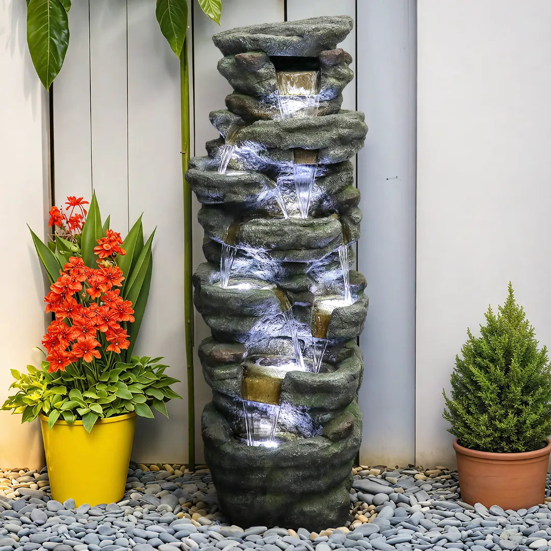 Resin River Rock Outdoor Fountain Pillar 51 Inch 52 lb LED lit at night