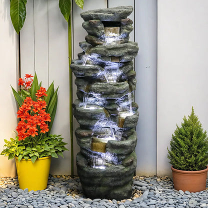 Resin River Rock Outdoor Fountain Pillar 51 Inch 52 lb LED lit at night