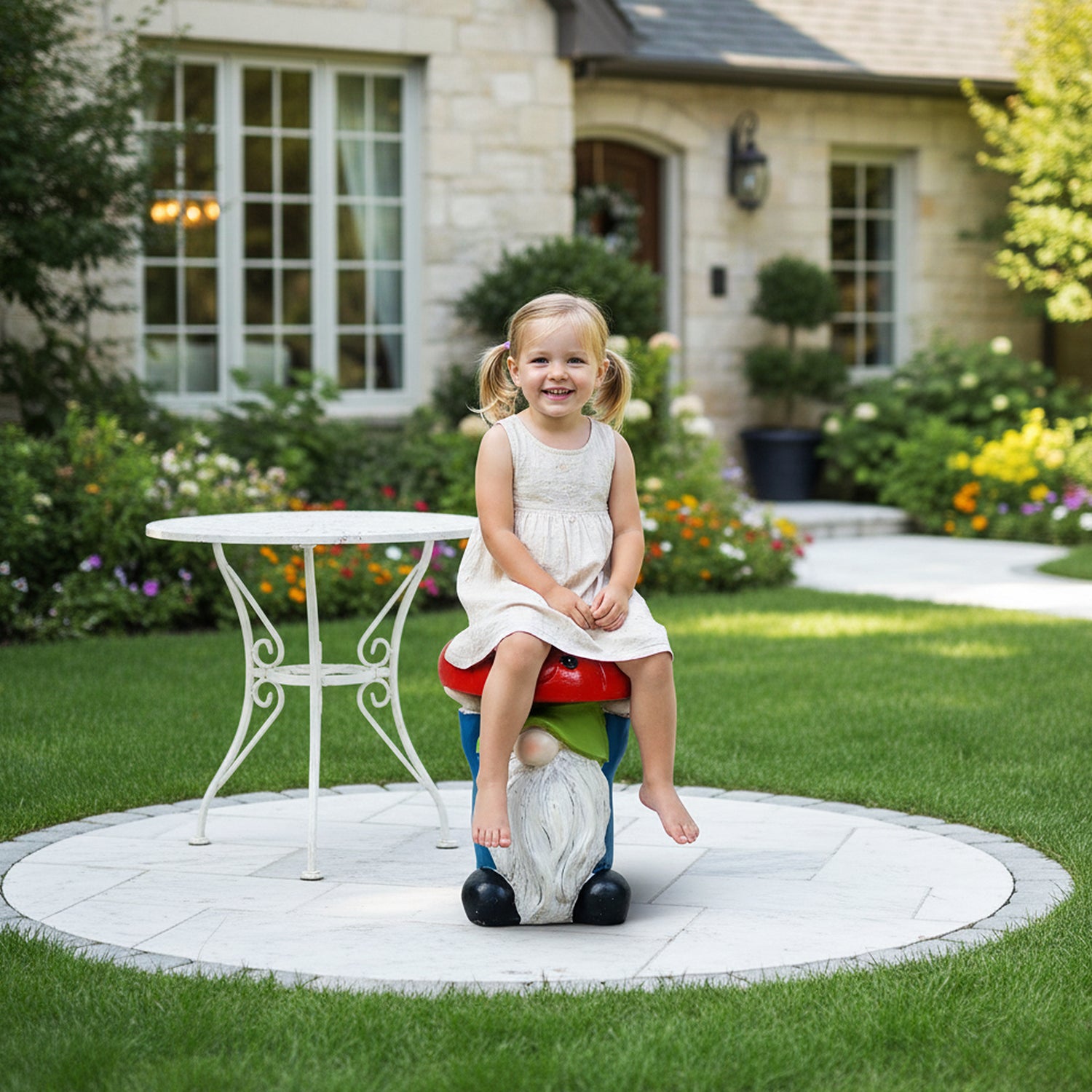 Little girl sitting safely on the sturdy 7.26kg gnome outdoor stool in a sunny green backyard.