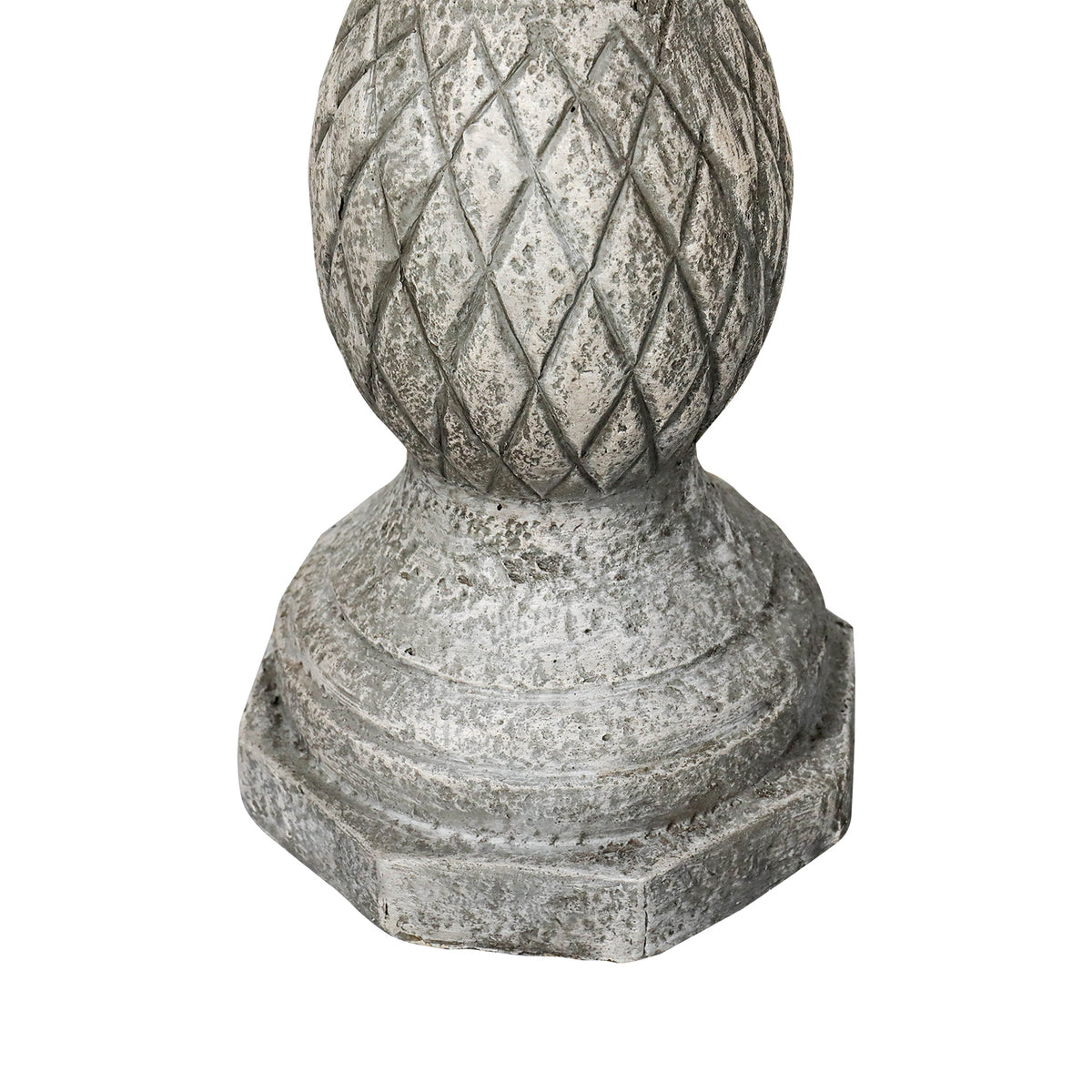 Macro shot of the sturdy and heavy 16.5kg concrete base preventing the birdbath from tipping.