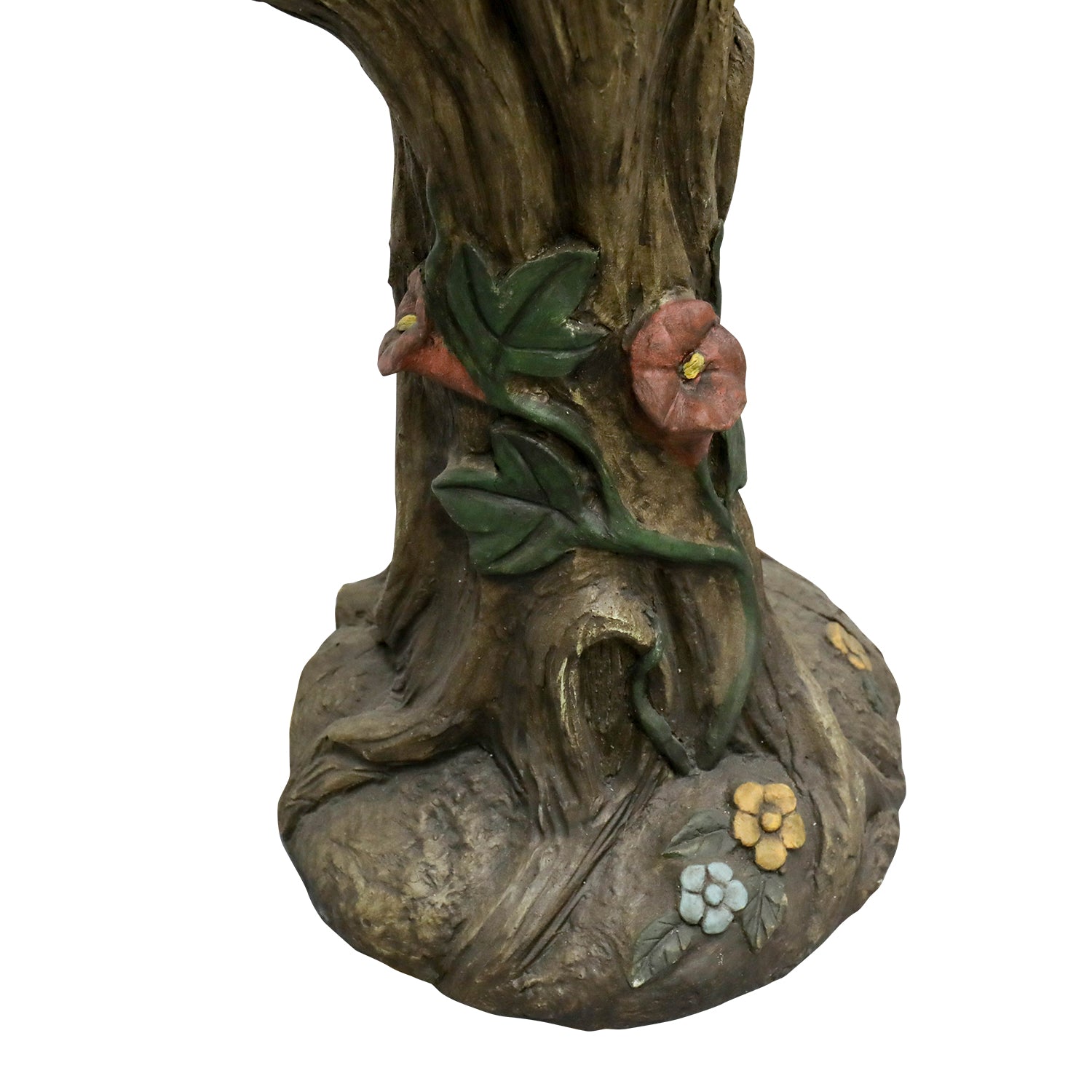 Macro shot of the sturdy fiber-reinforced concrete base with molded flowers and tree roots.