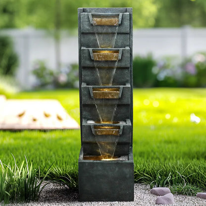 Resin Geometric Tall Outdoor Wall Fountain 79 Inch LED lit at night