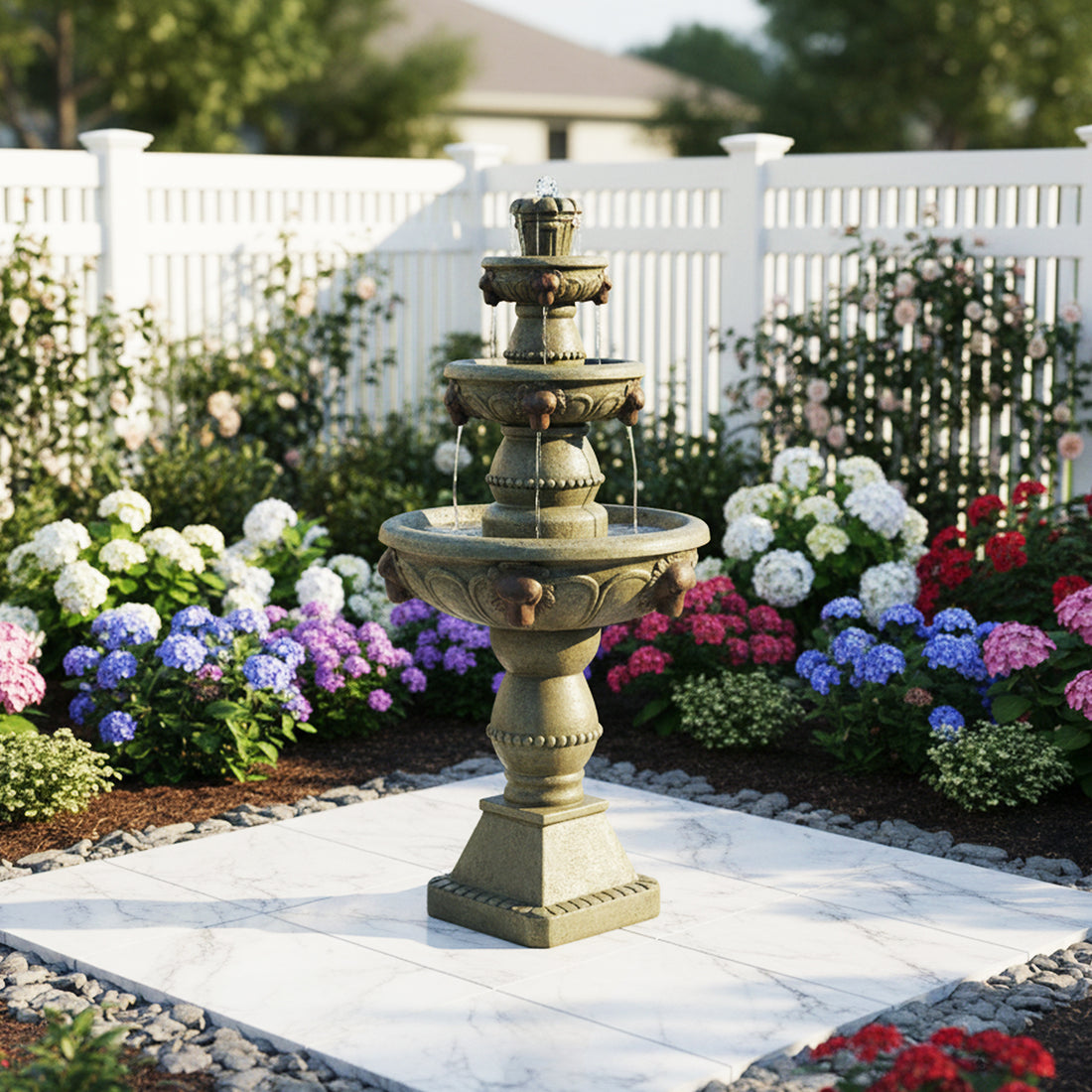 Concrete Lion Head Fountain 3 Tier Outdoor in garden setting