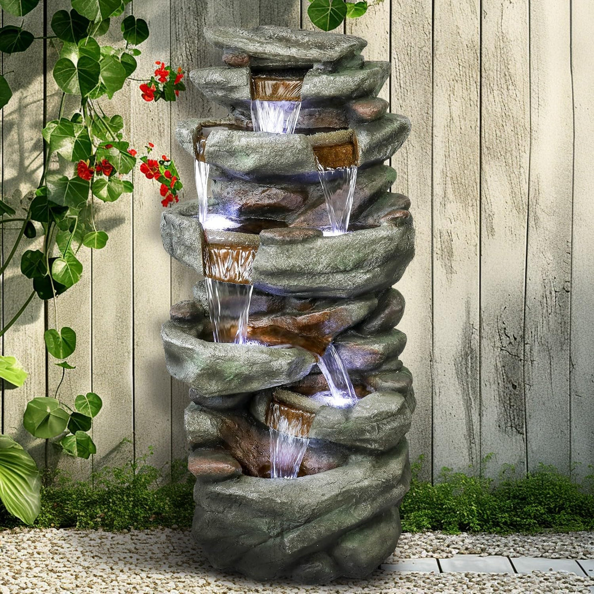 Resin Overhanging Ledge Rock Waterfall Fountain Outdoor in garden setting
