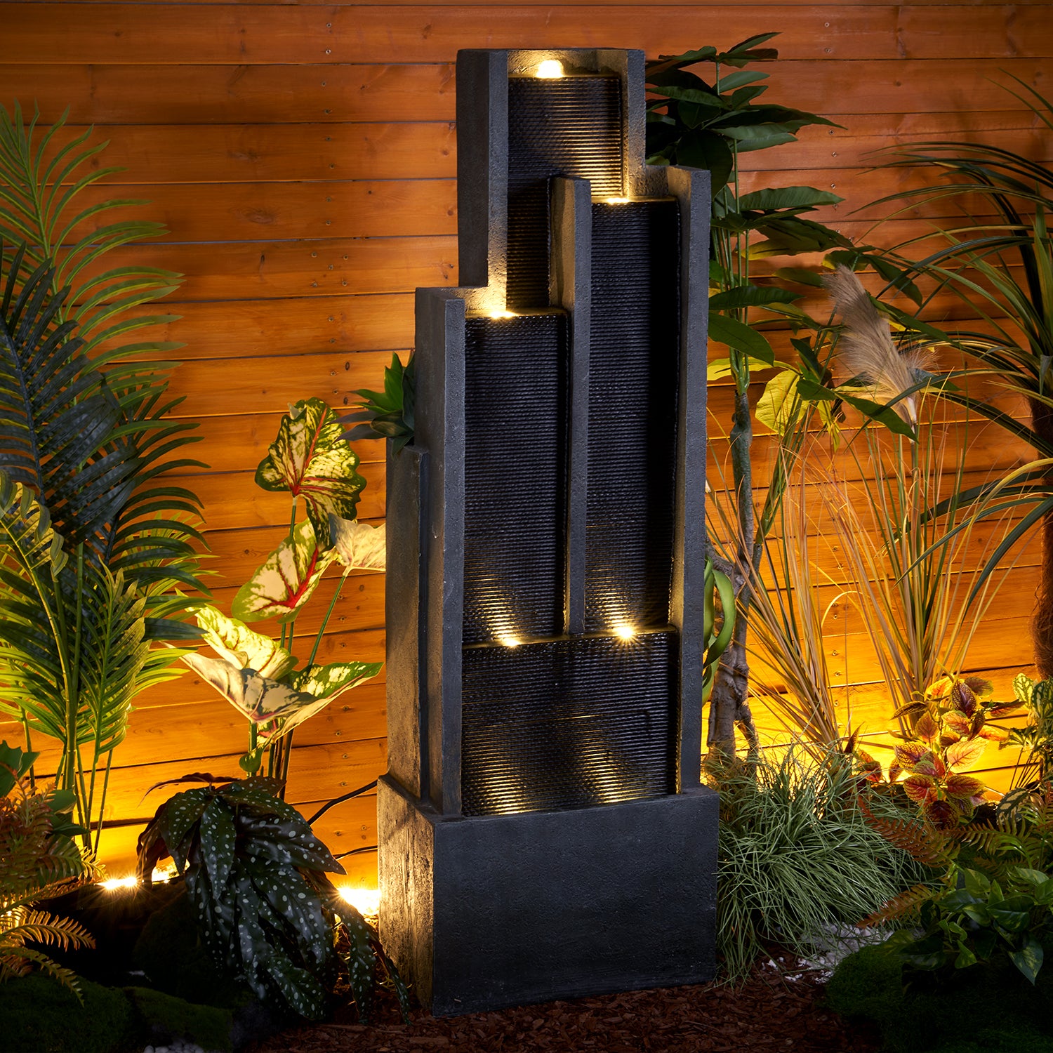 Resin Ribbed Slate Outdoor Water Fountain Quiet 50 in close up of water flow