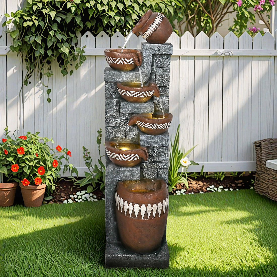 Resin Bohemian 6 Tier Tall Outdoor Water Fountain in garden setting