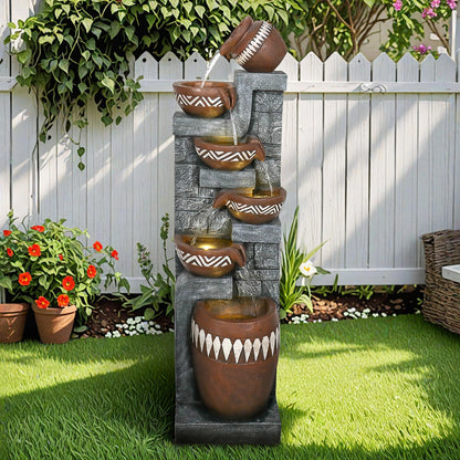 Resin Bohemian 6 Tier Tall Outdoor Water Fountain in garden setting