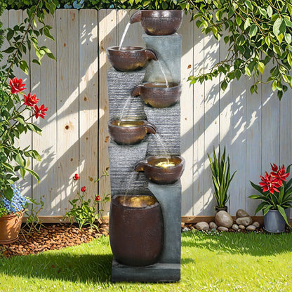 Resin 6 Tier Outdoor Water Fountain Pottery Bowls 53 in LED lit at night
