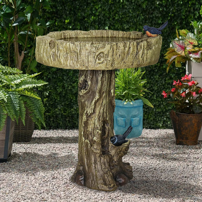 Rustic concrete birdbath decorating a peaceful garden pathway.