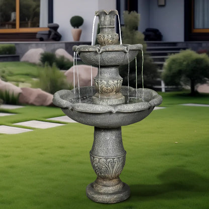 Concrete Carved 2 Tier Outdoor Water Fountain 48 Inch in garden setting