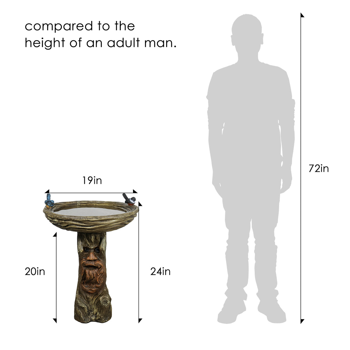 Scale comparison of the 23.6"H whimsical old man tree face bird bath next to an adult human silhouette.